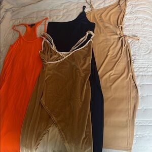 Set of Four Strappy Long Dresses in Orange, Blue and Tan